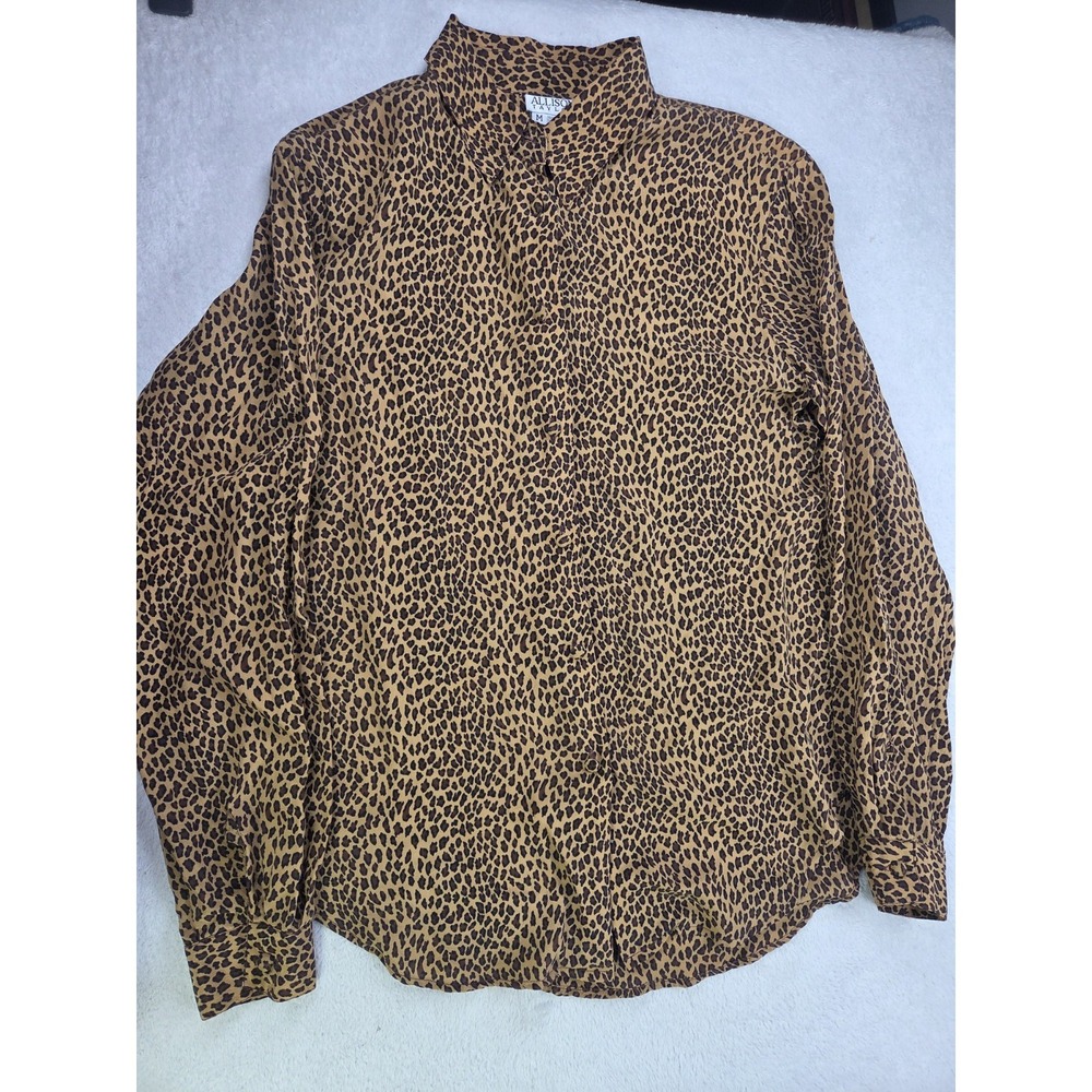 Vintage Allison Taylor 100% Silk Leopard Print Button Up Blouse Womens M Y2K
